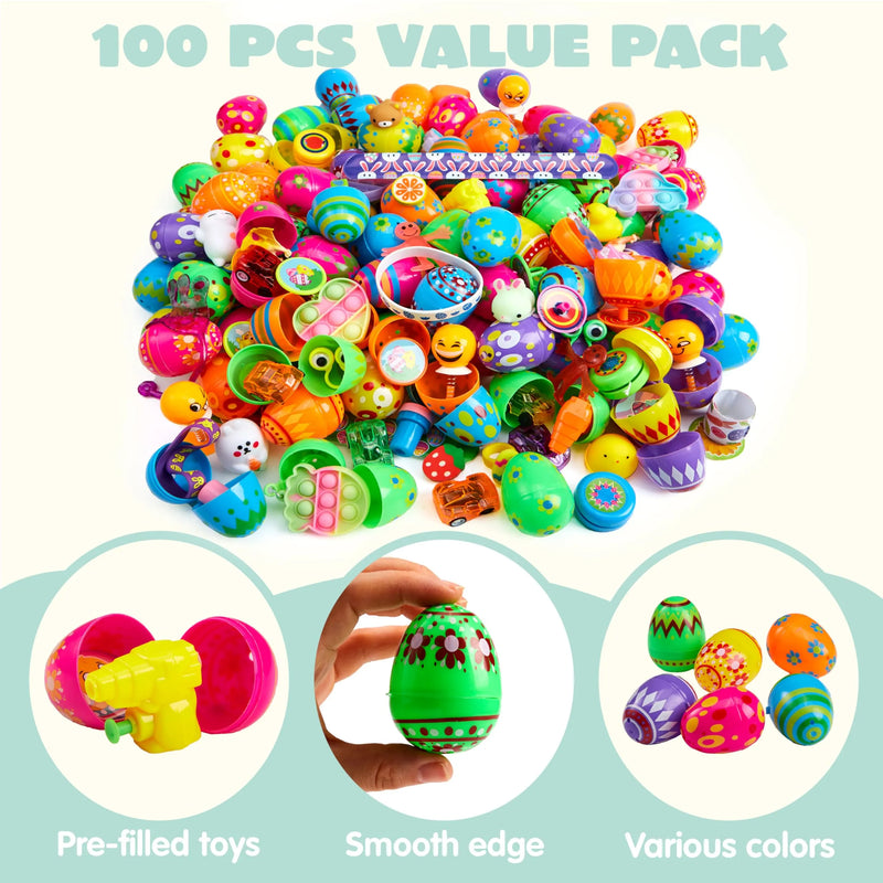 100Pcs Prefilled Printed Eggs with Toys Plus Stickers Inside, Stuffed Eggs for Easter Egg Hunt