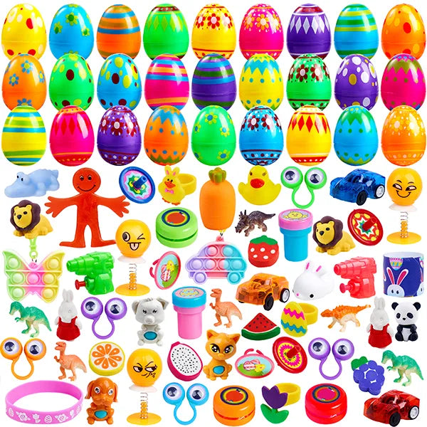 100Pcs Prefilled Printed Eggs with Toys Plus Stickers Inside, Stuffed Eggs for Easter Egg Hunt