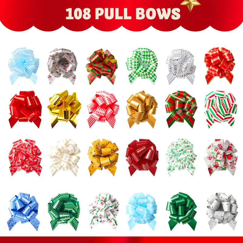 108 PCS Christmas Pull Bows with Ribbon 5inWide
