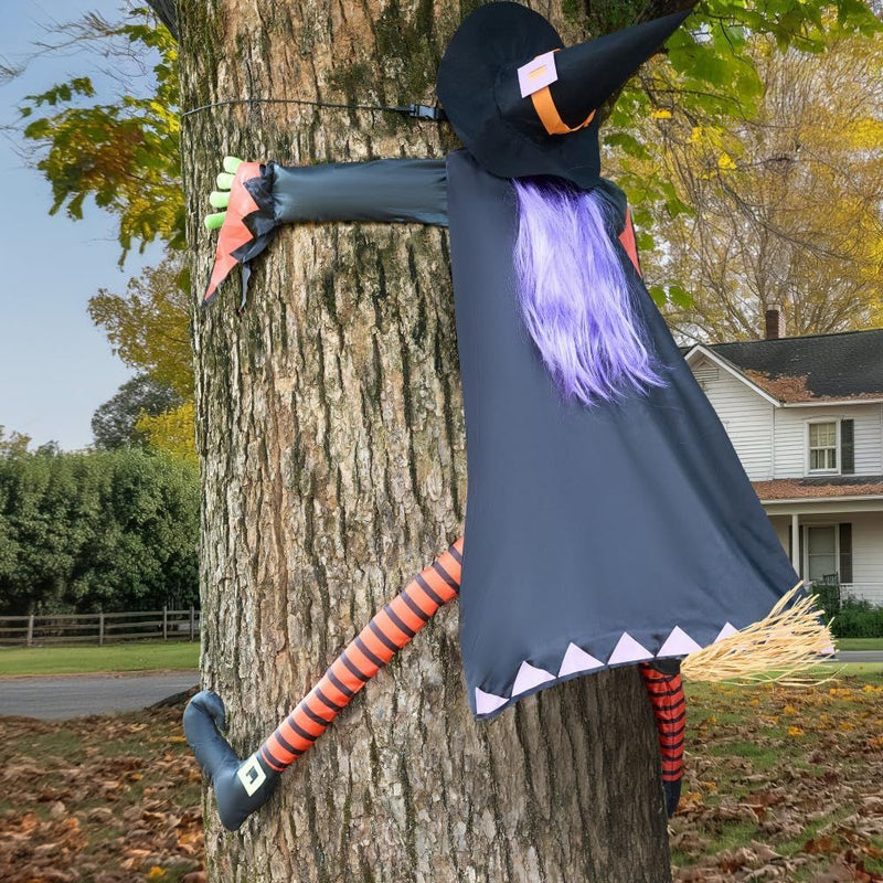 Halloween Crashing Witch into Tree Halloween Decoration with Purple Hair