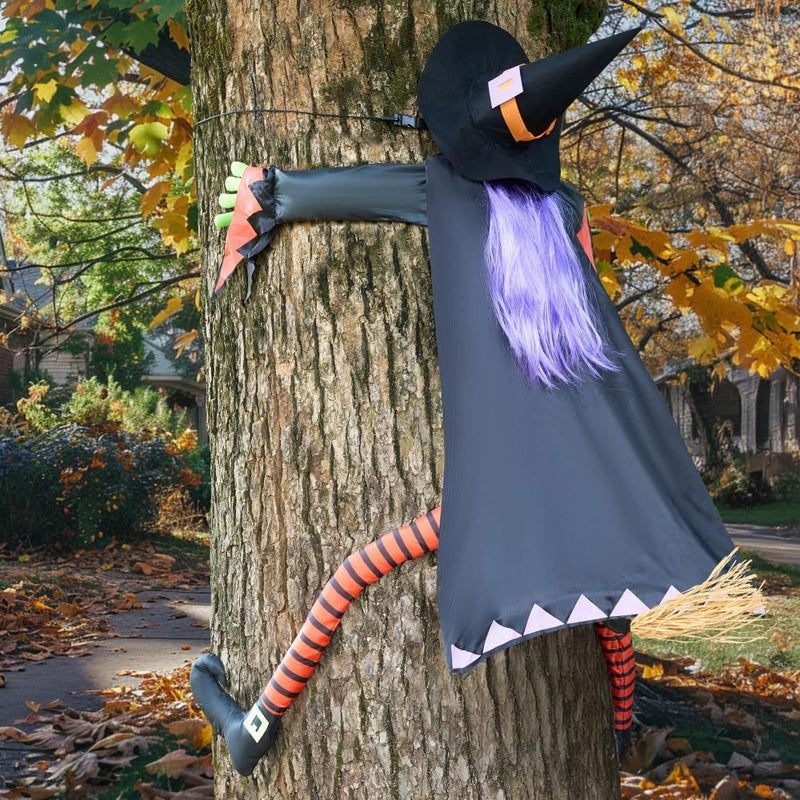 Halloween Crashing Witch into Tree Halloween Decoration with Purple Hair