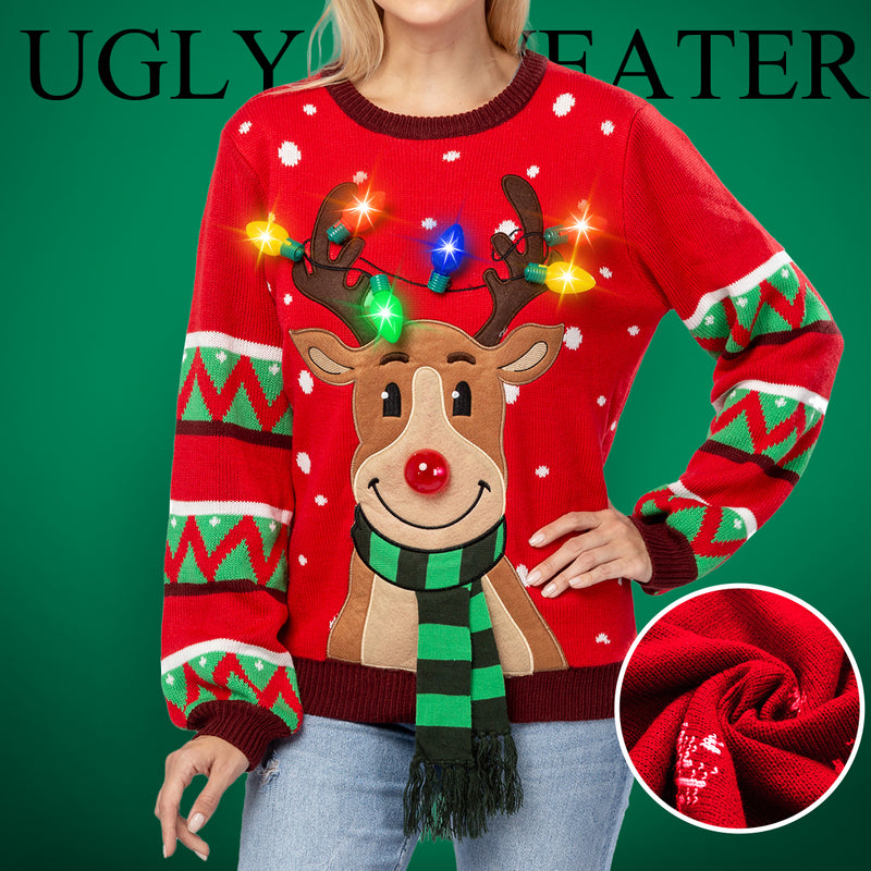 Reindeer Ugly Sweater with Light Bulbs