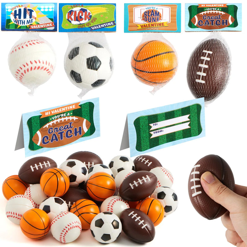 28Pcs Mini Sports Squeeze Balls with Kids Valentines Cards for Classroom Exchange