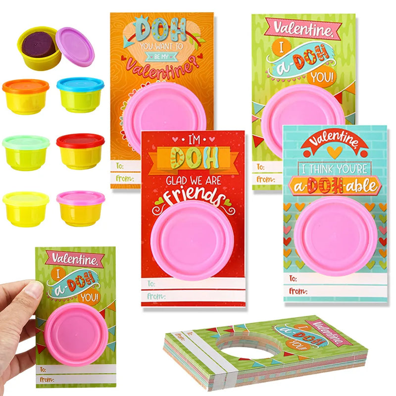 28Pcs Colorful Play Dough with Kids Valentines Cards for Classroom Exchange Gifts