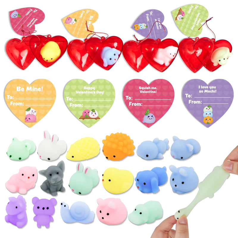 JOYIN 28 Pack Valentines Day Gifts for Kids-Squishy Mochi Pop Fidget Toys with Valentines Cards Heart Shells for Valentine's School Classroom