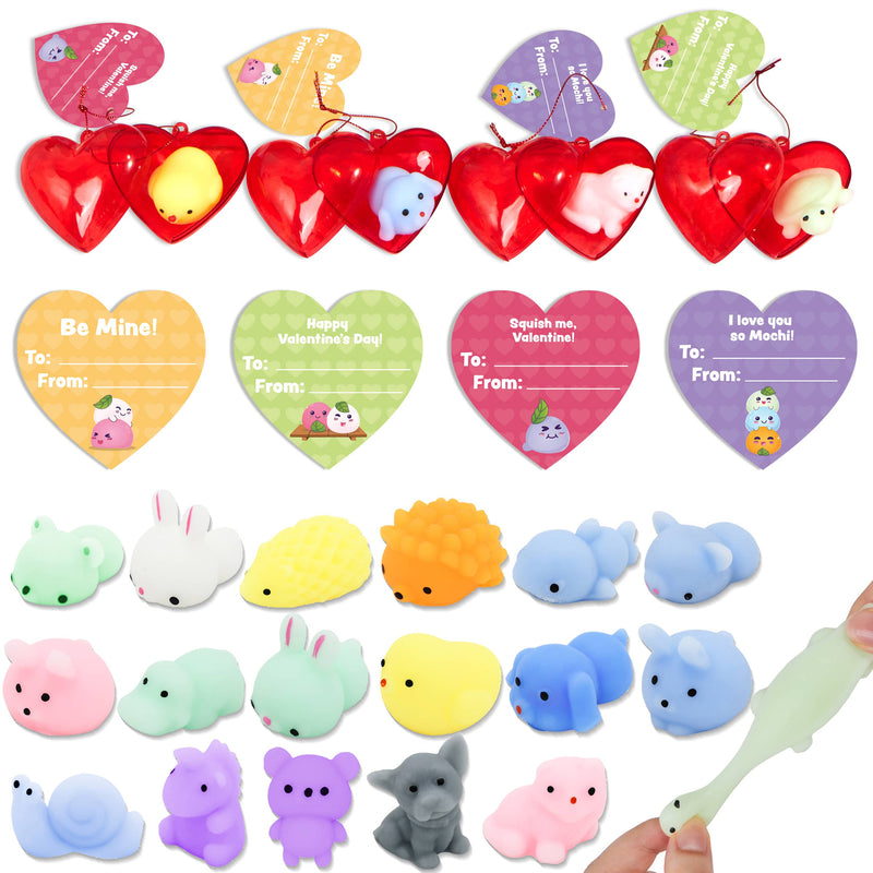 28Pcs Mochi Squishy Toys Prefilled Hearts with Kids Valentines Cards