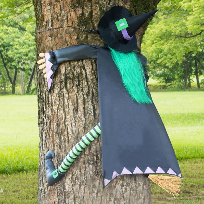 60" Halloween Crashing Witch Decorations Outdoor With Green Hair