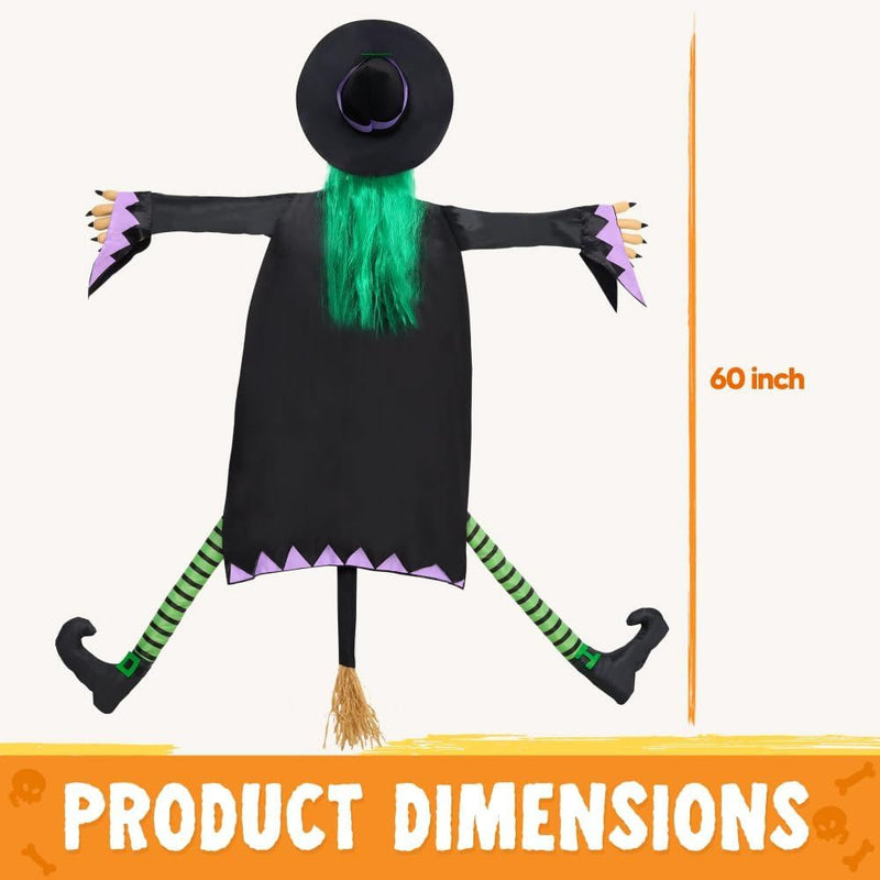 60" Halloween Crashing Witch Decorations Outdoor With Green Hair