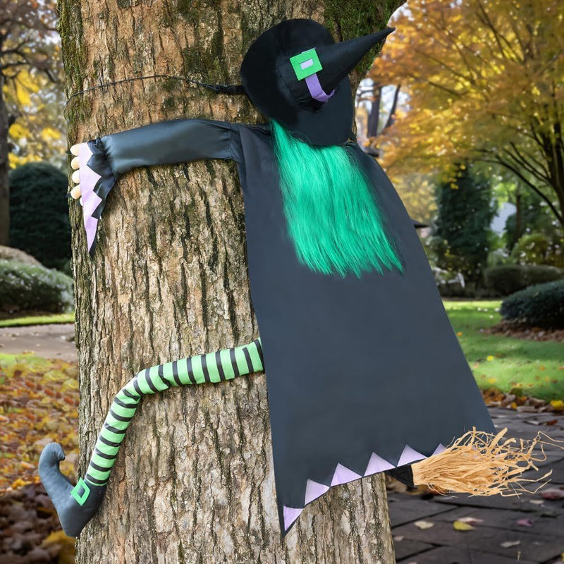 60" Halloween Crashing Witch Decorations Outdoor With Green Hair