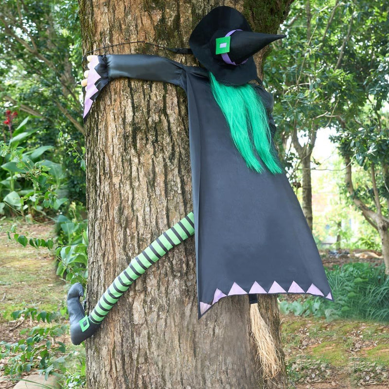 60" Halloween Crashing Witch Decorations Outdoor With Green Hair