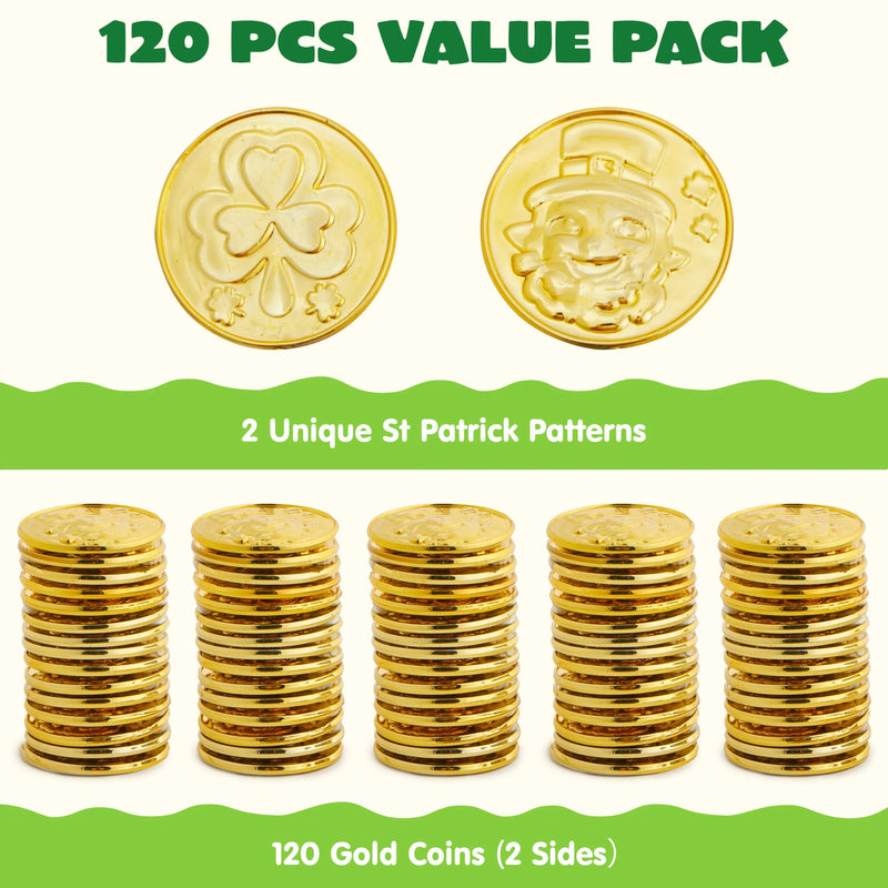 120Pcs St. Patrick’s Day Plastic Gold Coins Bulk with Patterns