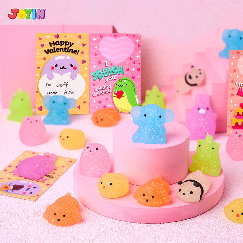 28Pcs Glitter Mochi Squishy Toys with Kids Valentines Cards for Classroom Exchange