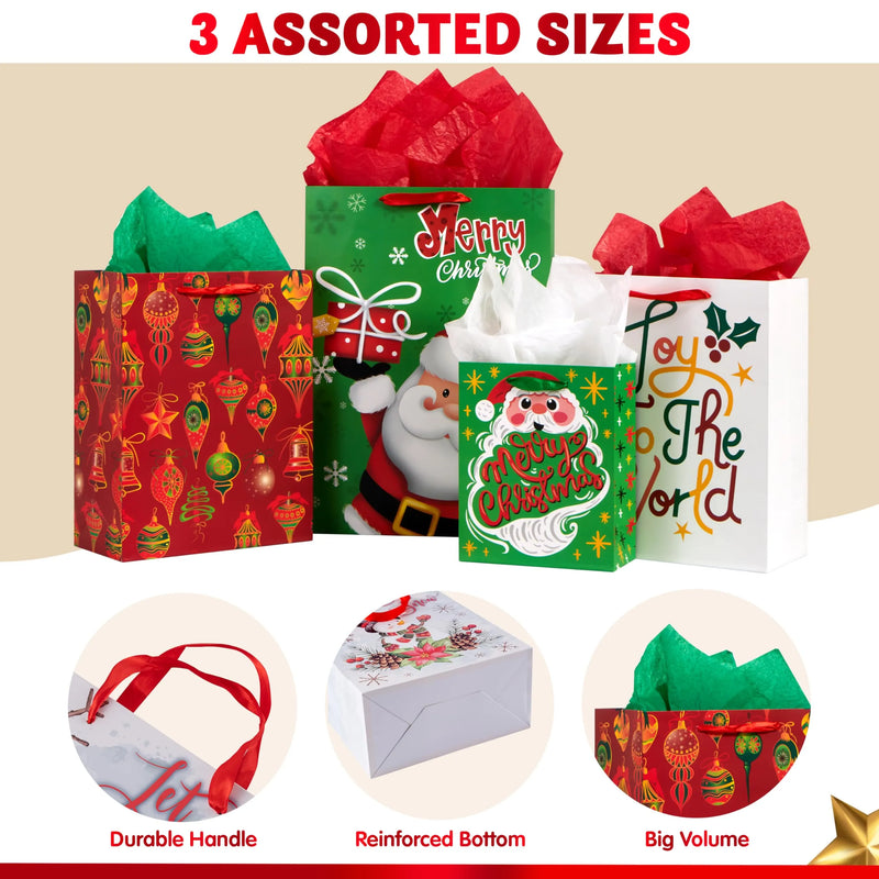 12 PCS Christmas Gift Bags Set Assorted Sizes