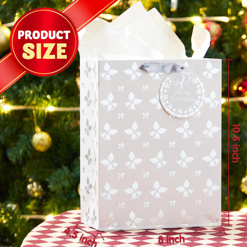 12 PCS Christmas Holiday Foil Silver Gift Bags 8in x4.5in x10.5in