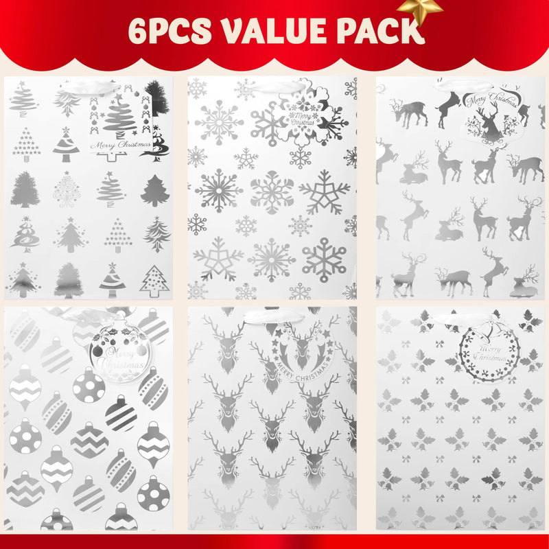 12 PCS Christmas Holiday Foil Silver Gift Bags 8in x4.5in x10.5in