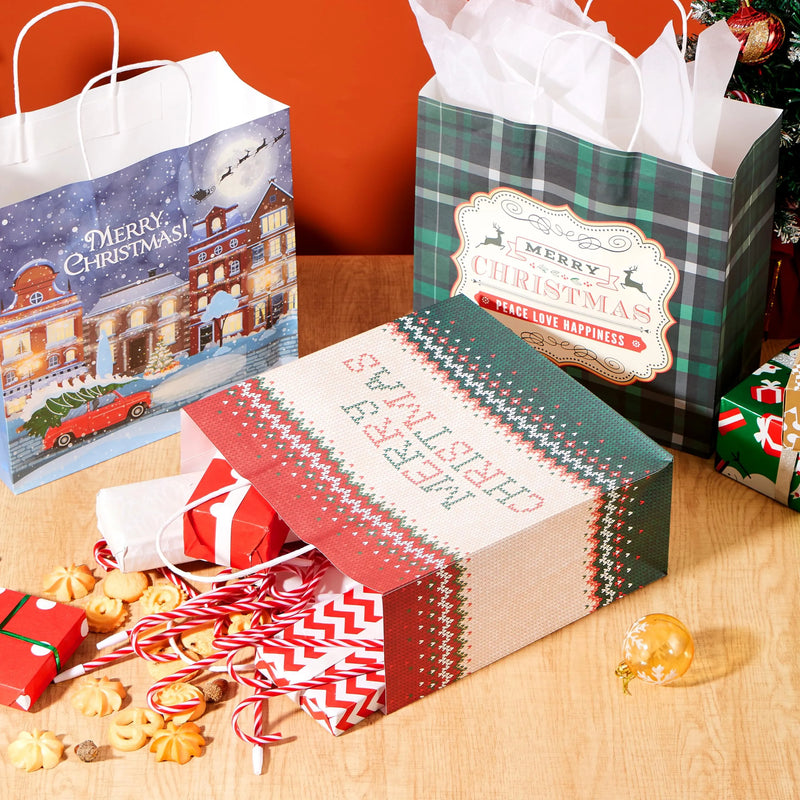 12 PCS Christmas Kraft Paper Gift Bags 12'' X 12'' X 5''