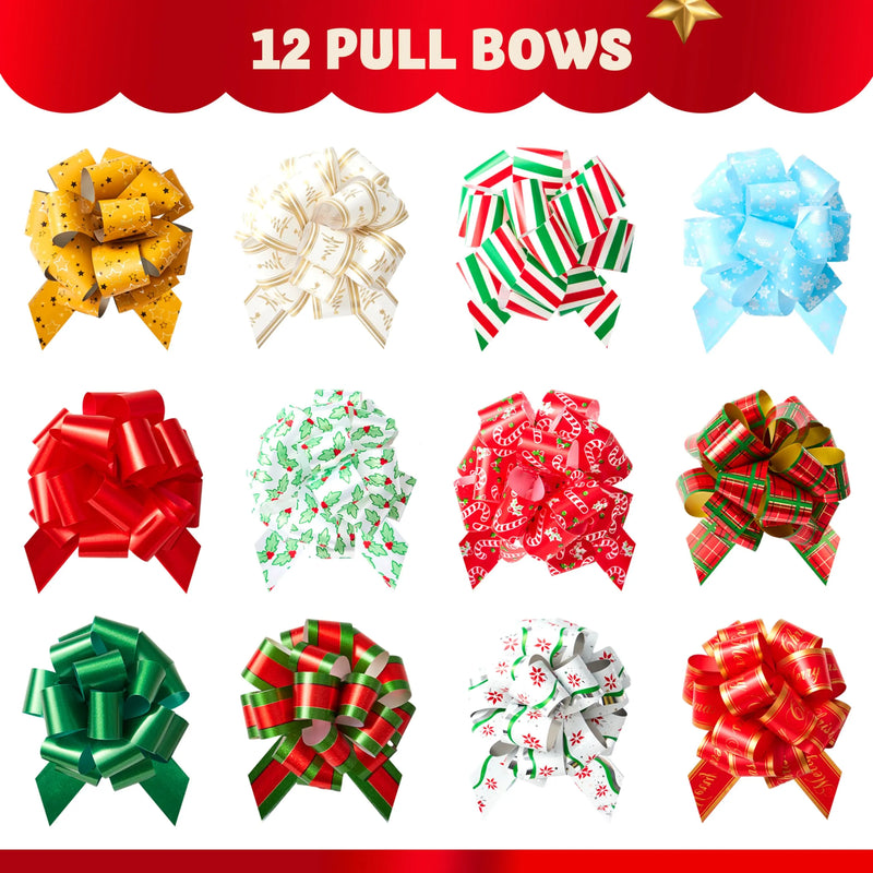 12 PCS Christmas Pull Bows with Ribbon 5inWide