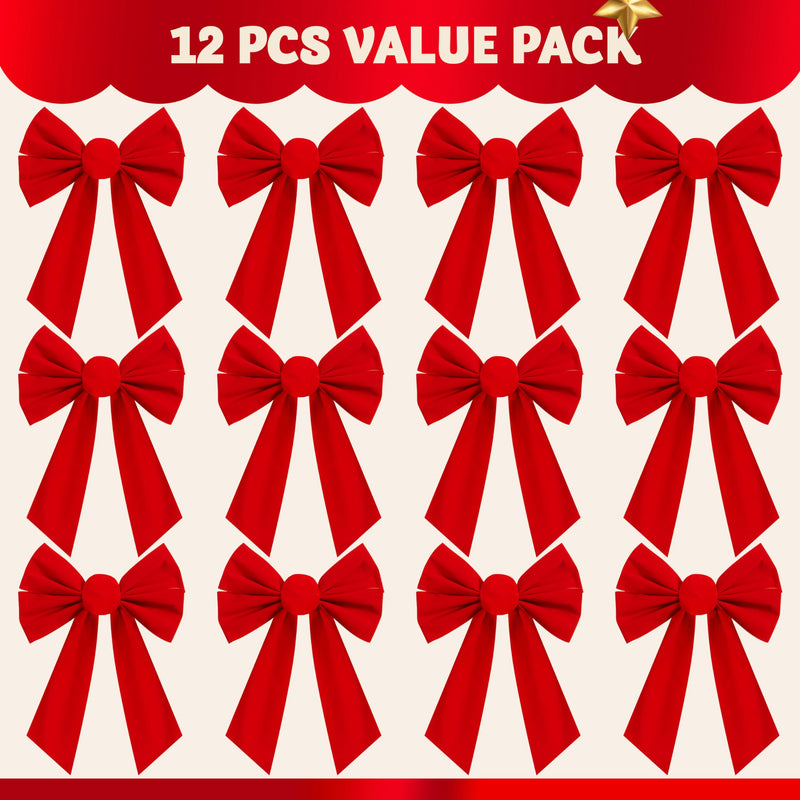 12 Pack Christmas Red Velvet Bows, 13" Long by 9" Wide Decorative