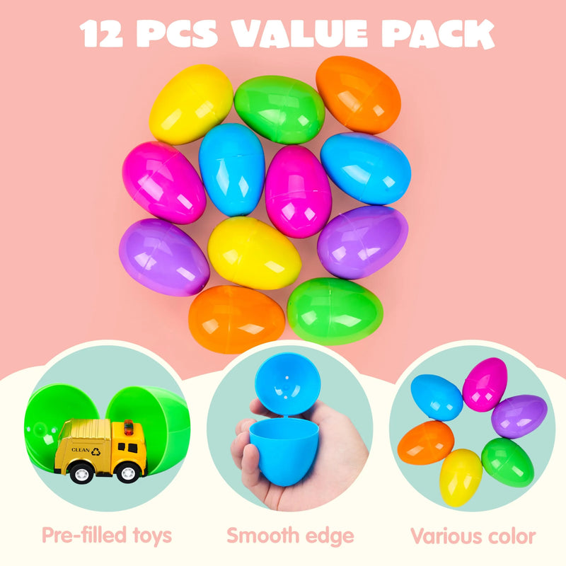 12Pcs 3.15in Prefilled Eggs with Die-Cast Pull Back Cars for Easter Egg Hunt