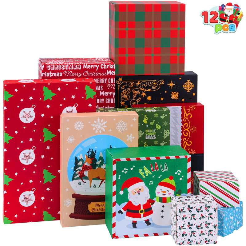 12Pcs 4 Size 12 Christmas Tone Pattern Designs Assorted Wrap Gift Set of Boxes