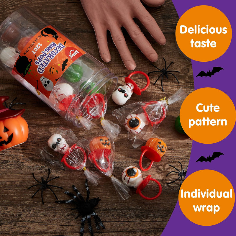 12Pcs Halloween Sugar Lollipop Rings, Sweet Ring Bulk Candy