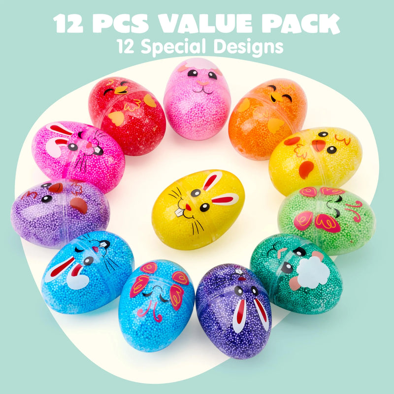 12Pcs Prefilled Easter Plastic Egg with Squeeze Play Foam Fillers, Kids Easter Egg Hunt