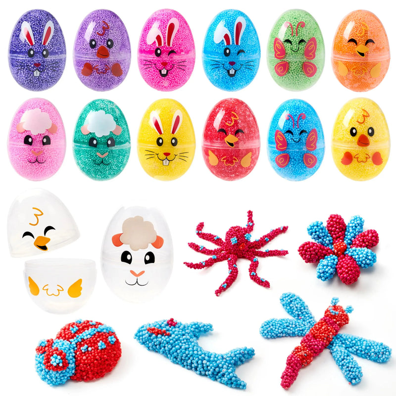 12Pcs Prefilled Easter Plastic Egg with Squeeze Play Foam Fillers, Kids Easter Egg Hunt