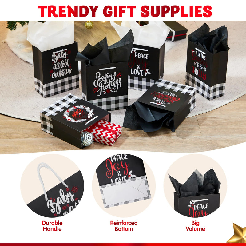 12 Pieces Plaid Christmas Gift Bags With Handles and Red Metallic Foil Details