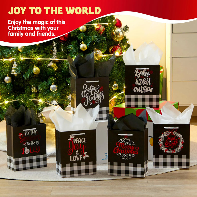 12 Pieces Plaid Christmas Gift Bags With Handles and Red Metallic Foil Details