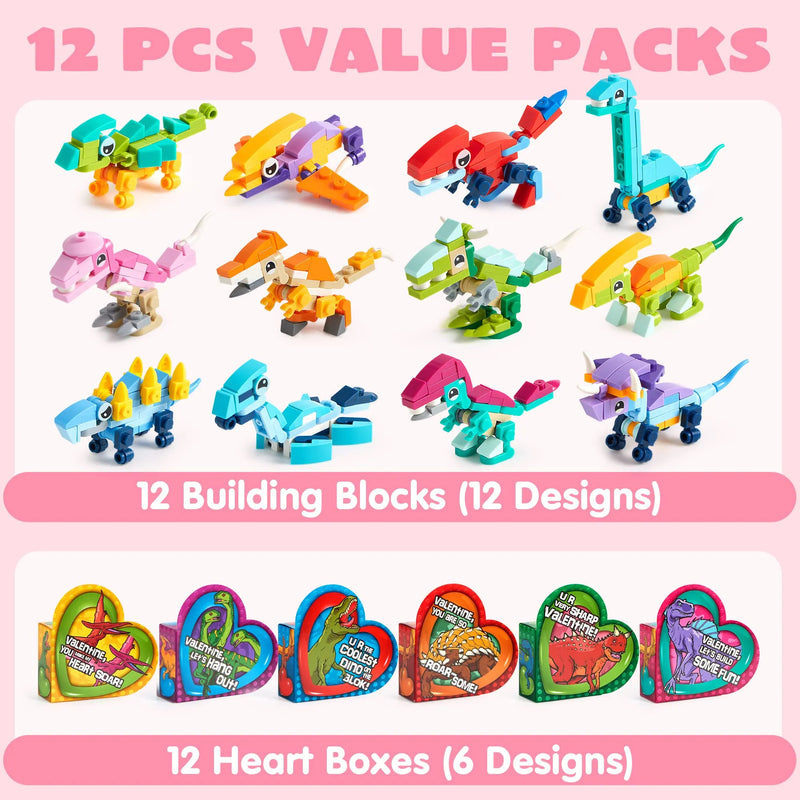12Pcs Kids Valentines Cards with Dinosaur Building Blocks Toys in Boxes-Classroom Exchange Gifts