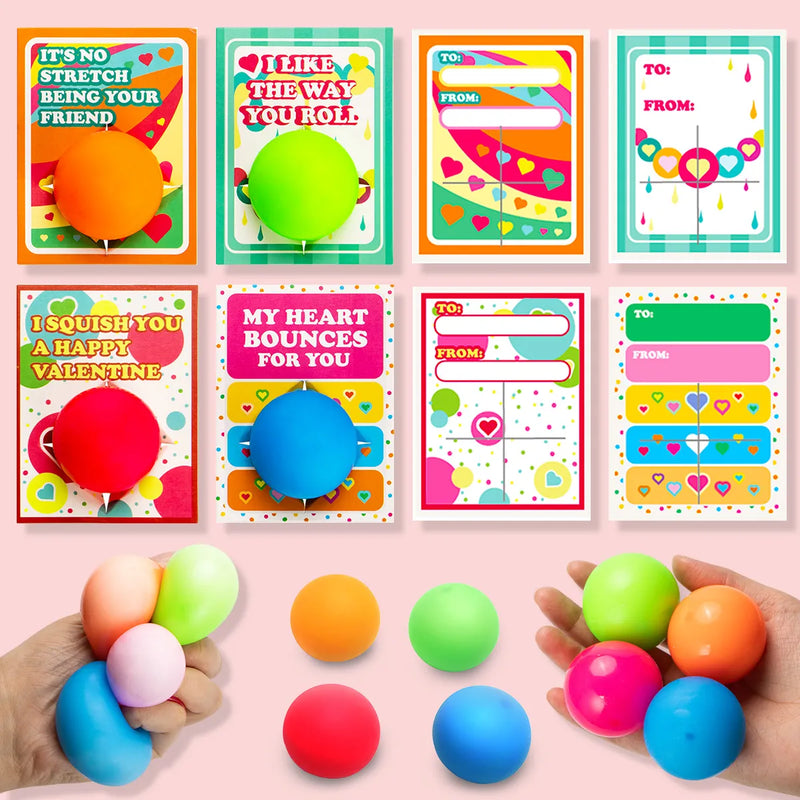 28Pcs Stretchy Squishy Toy Ball Toys with Kids Valentines Cards