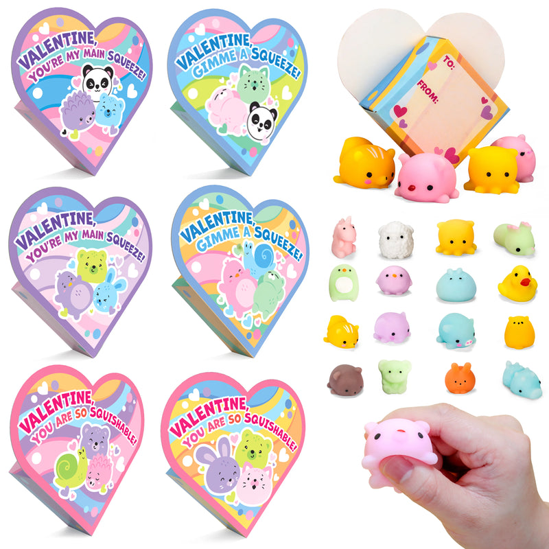 28Pcs Mochi Squishy Toys Boxed with Kids Valentines Cards for Classroom Exchange