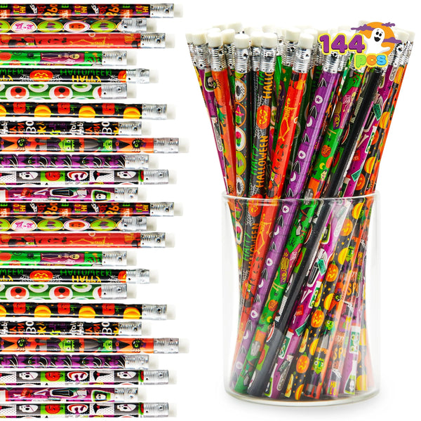 JOYIN Lot de 144 articles de papeterie assortis sur le thème d'Halloween pour enfants - Coffret cadeau pour enfants avec crayons, règles, autocollants, tampons et gommes dans des sacs à friandises