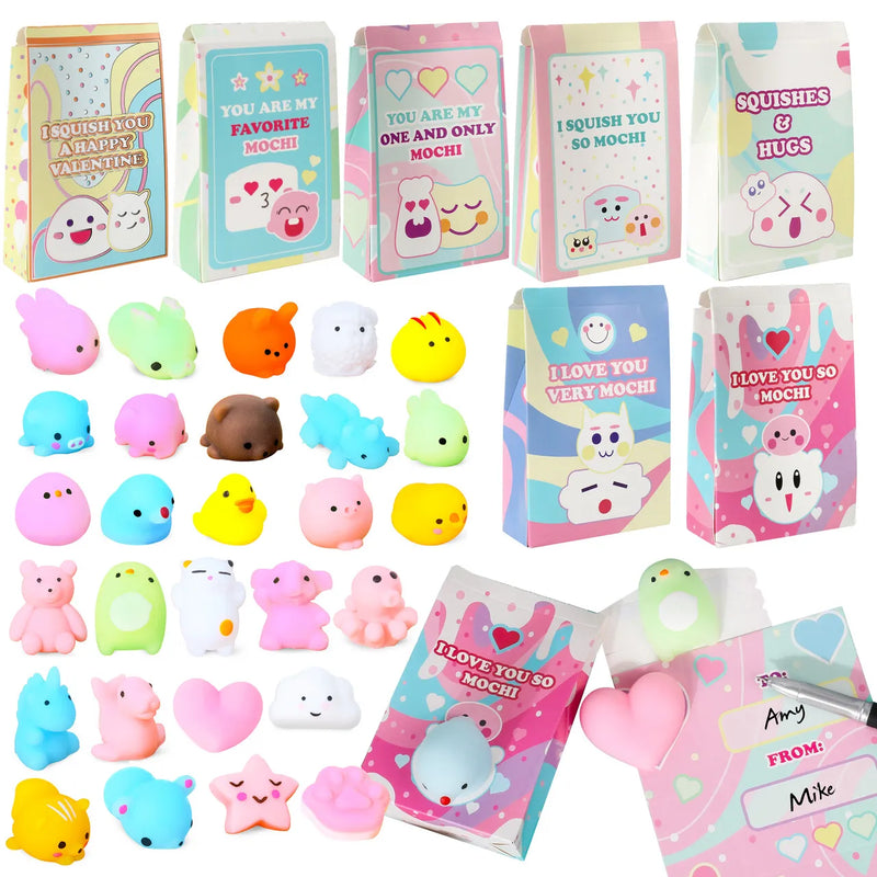 Cute 28pcs Kawaii Mochi Squishy Toys with Valentine Cards