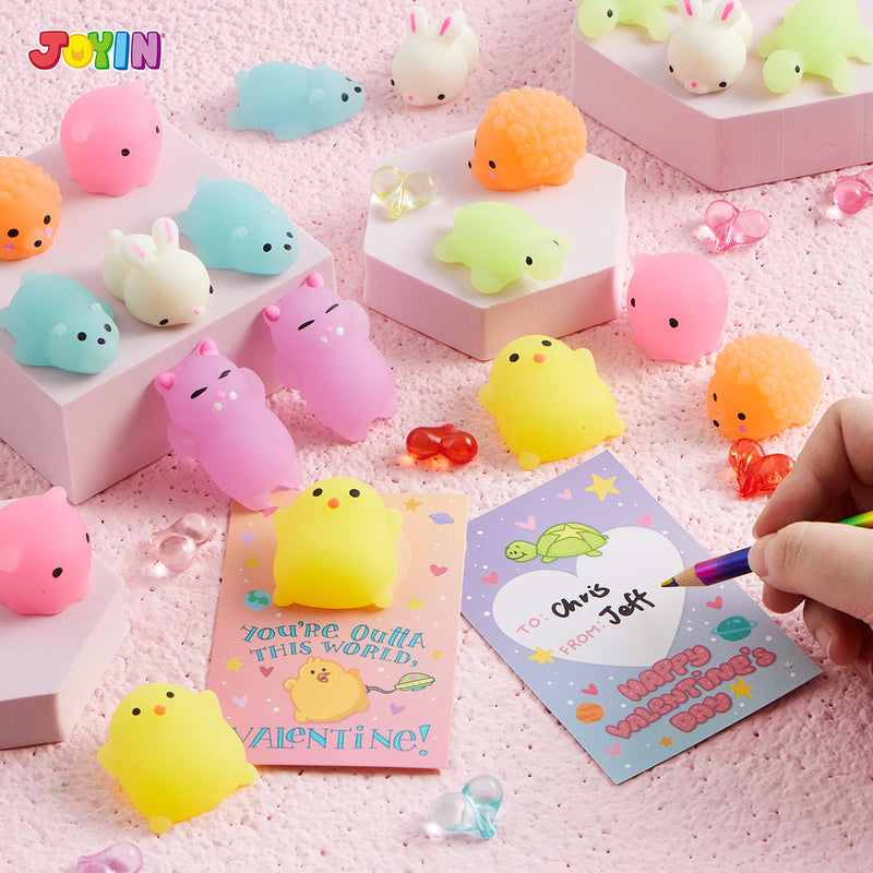 28Pcs Mochi Squishy Toys with Glow-in-The-Dark Kids Valentines Exchange Cards