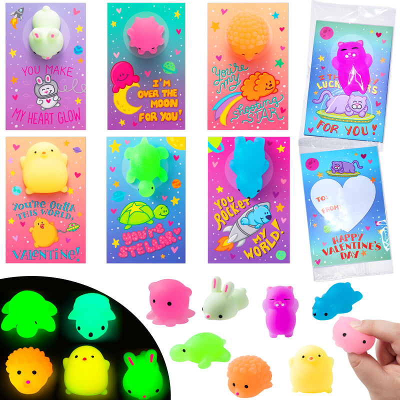 28Pcs Mochi Squishy Toys with Glow-in-The-Dark Pressure Release Kids Valentines Cards