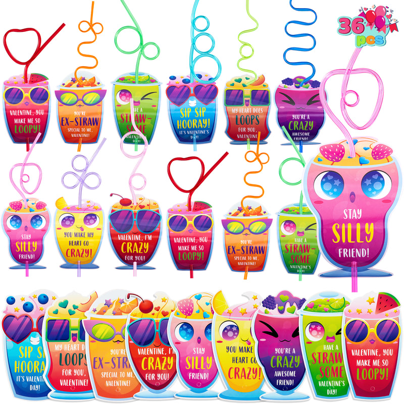 28pcs Drinking Straws Reusable with Kids Valentines Cards for Valentine Party Favors