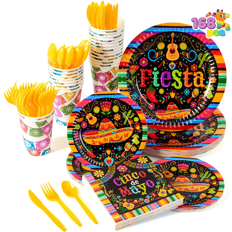 168Pcs Fiesta Party Paper Plates and Napkins Set for Mexican Theme Party Decorations