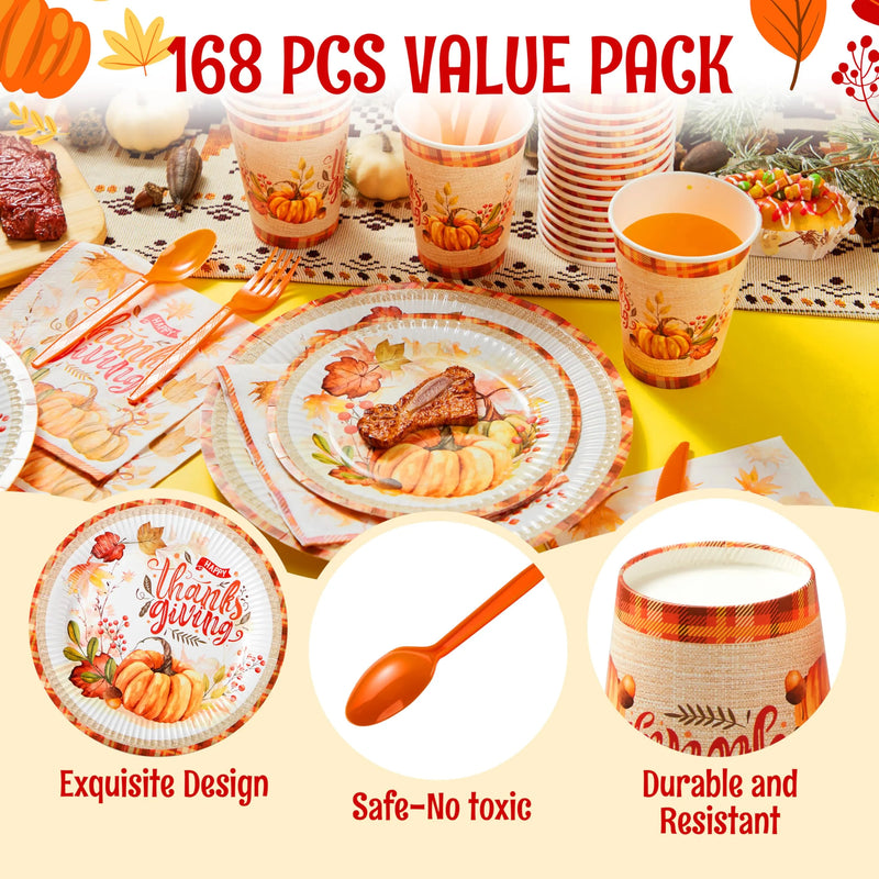 168 Pcs Thanksgiving Disposable Paper Plates, Dinnerware Set