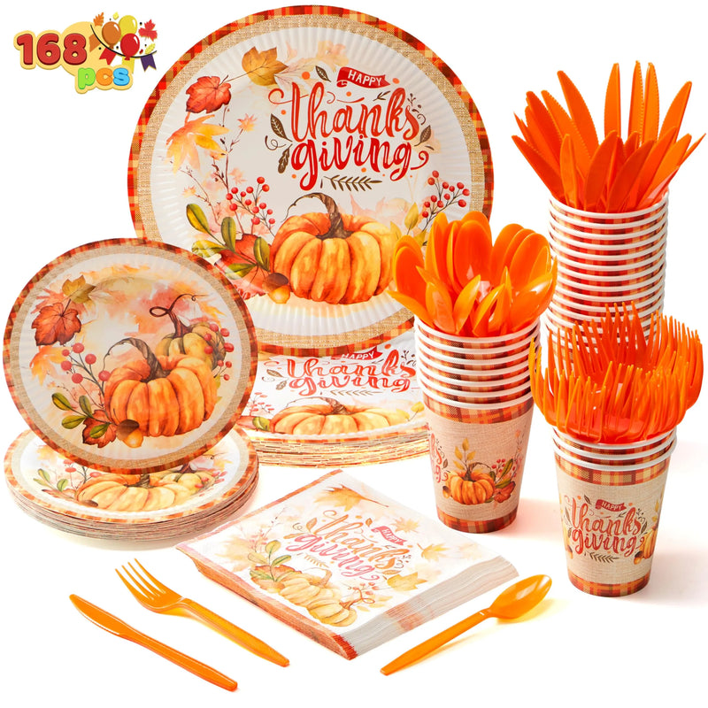 168 Pcs Thanksgiving Disposable Paper Plates, Dinnerware Set