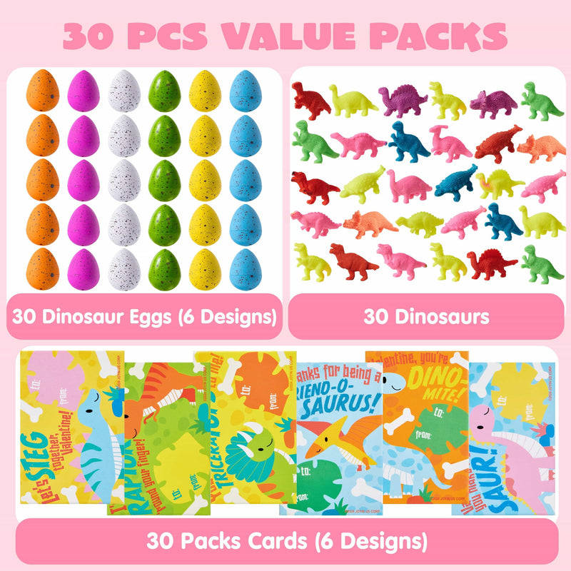 30 Packs Valentines Day Cards with Hatch Growing Dinosaur Eggs Toys with Hangers