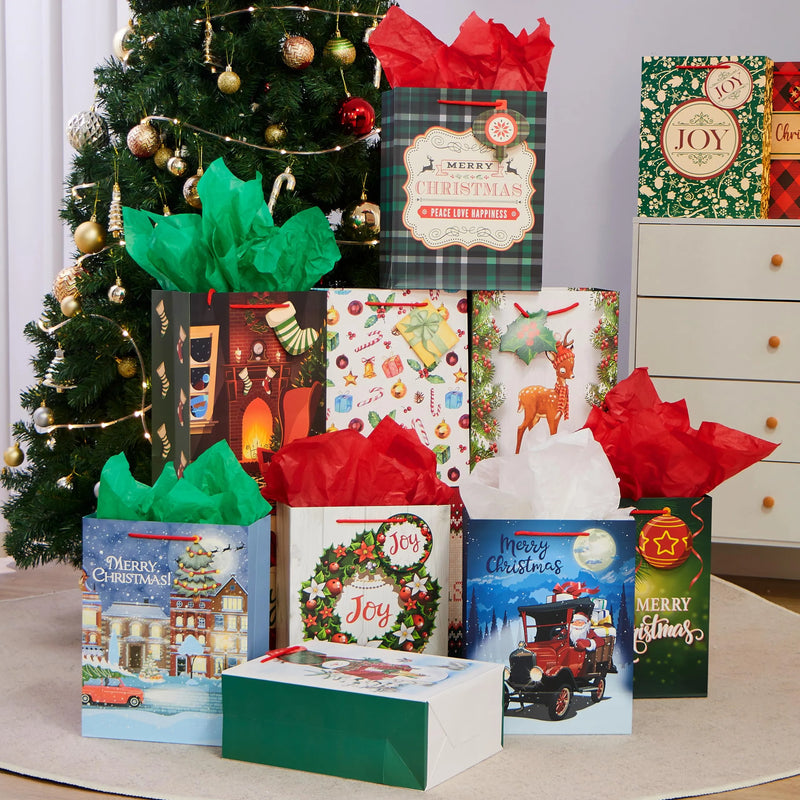 18 PCS Christmas Gift Bags, 10'' X 13'' X 5'' Xmas Craft Paper Goody Bags