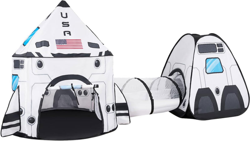 rocket 3pc tent JOYIN White Rocket Ship Pop up Play Tent with Tunnel and Playhouse Kids Indoor Outdoor Spaceship Tent Set