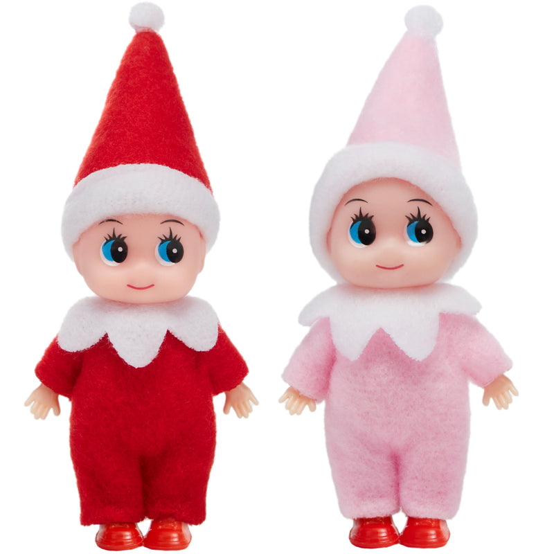 2PCS Christmas Tiny Elf Plush Doll, Red Pink