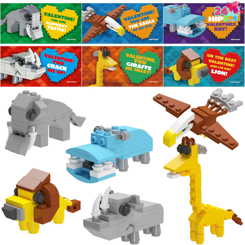 24 Packs Valentines Day Cards with Safari Animal Building Blocks for Gifts Party Favor