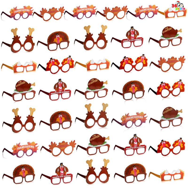 36 Pack Thanksgiving Turkey Eyeglasses, Turkey Eyewear Photo Props for Kids