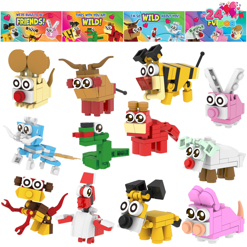24 Packs Valentines Day Gift Cards with Animal Building Blocks for Party Favor Toy