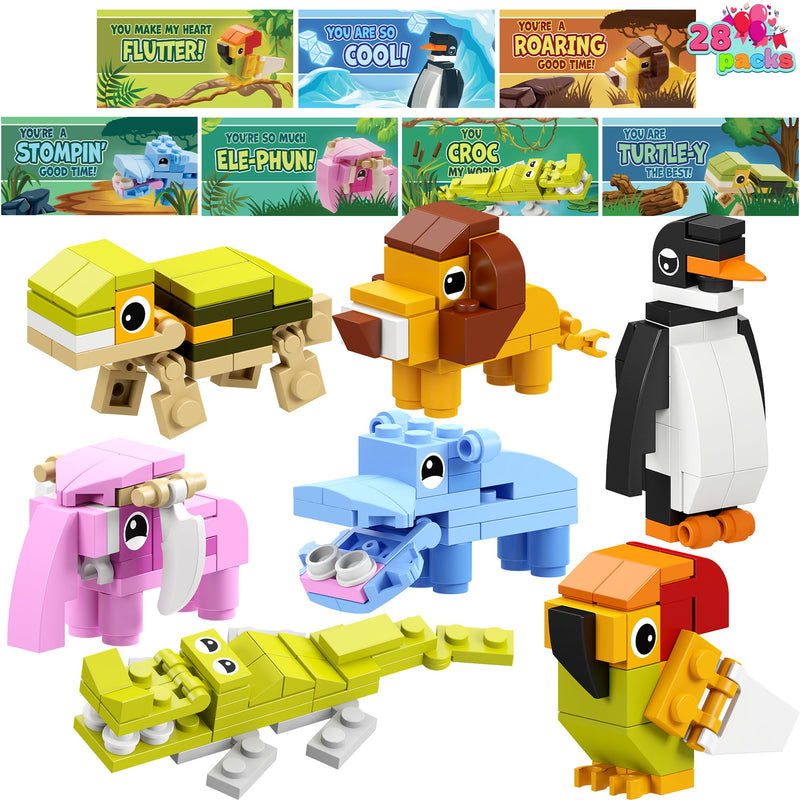 28Pcs Animal Building Blocks with Kids Valentines Cards