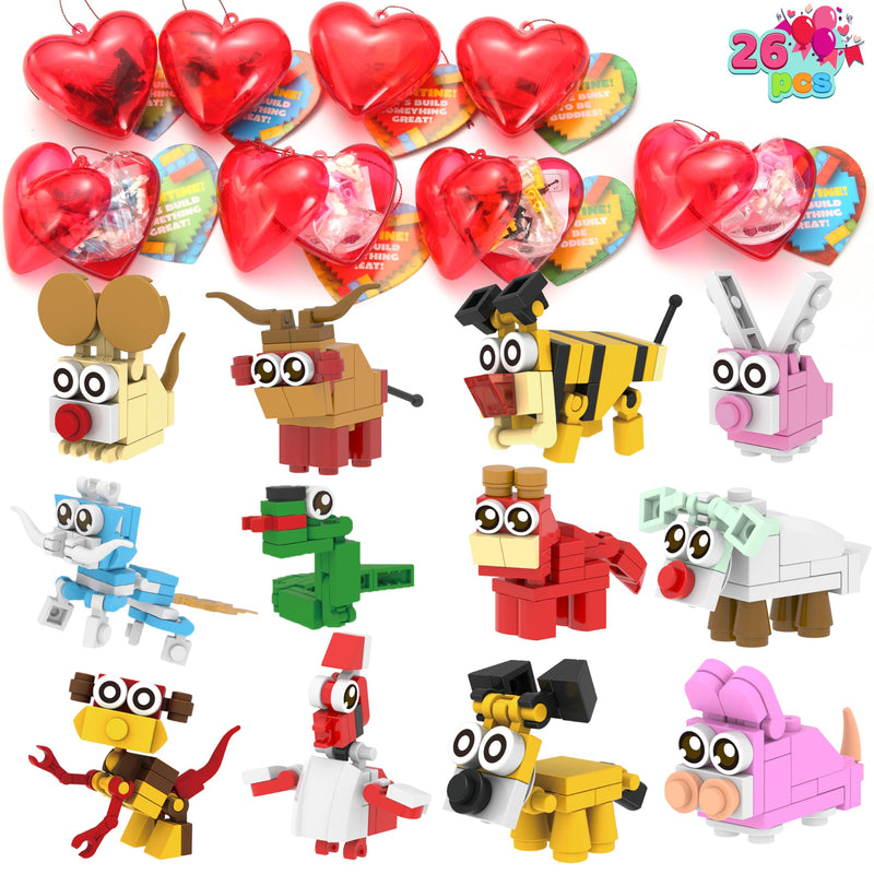 26pcs Building Blocks Animals Prefilled Hearts with Kids Valentines Cards