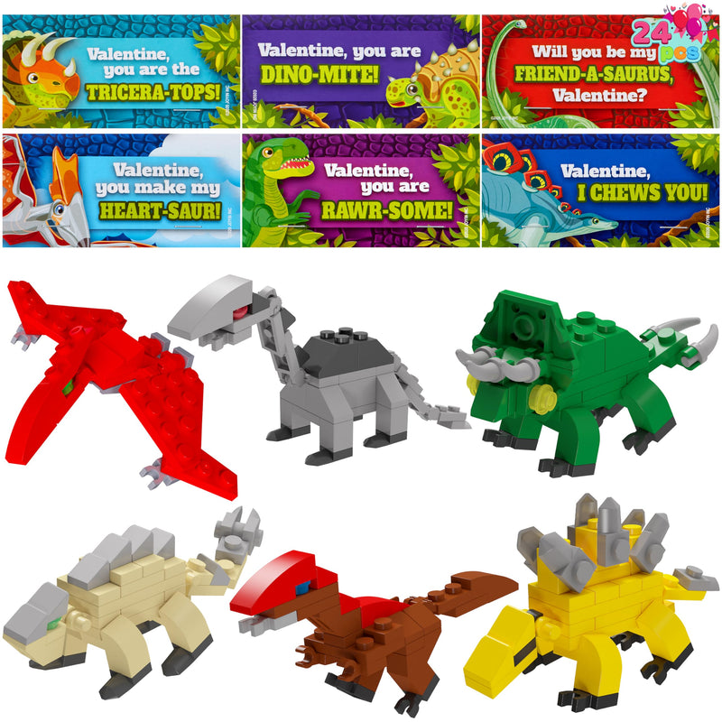 24 Packs Valentines Day Cards with Dinosaur Building Blocks for Gifts Party Favor
